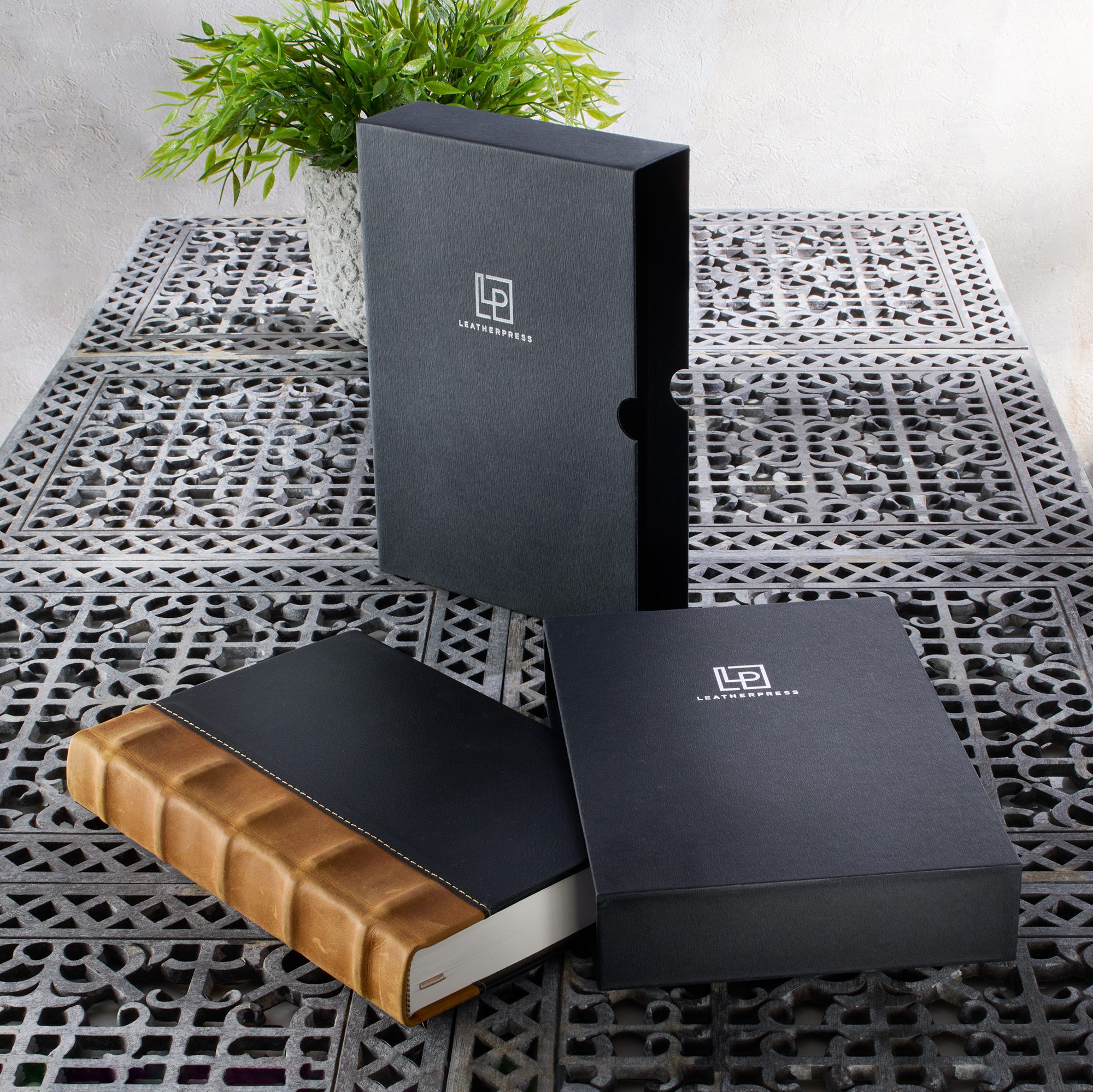 leatherpress journals with their silver-stamped slipcases